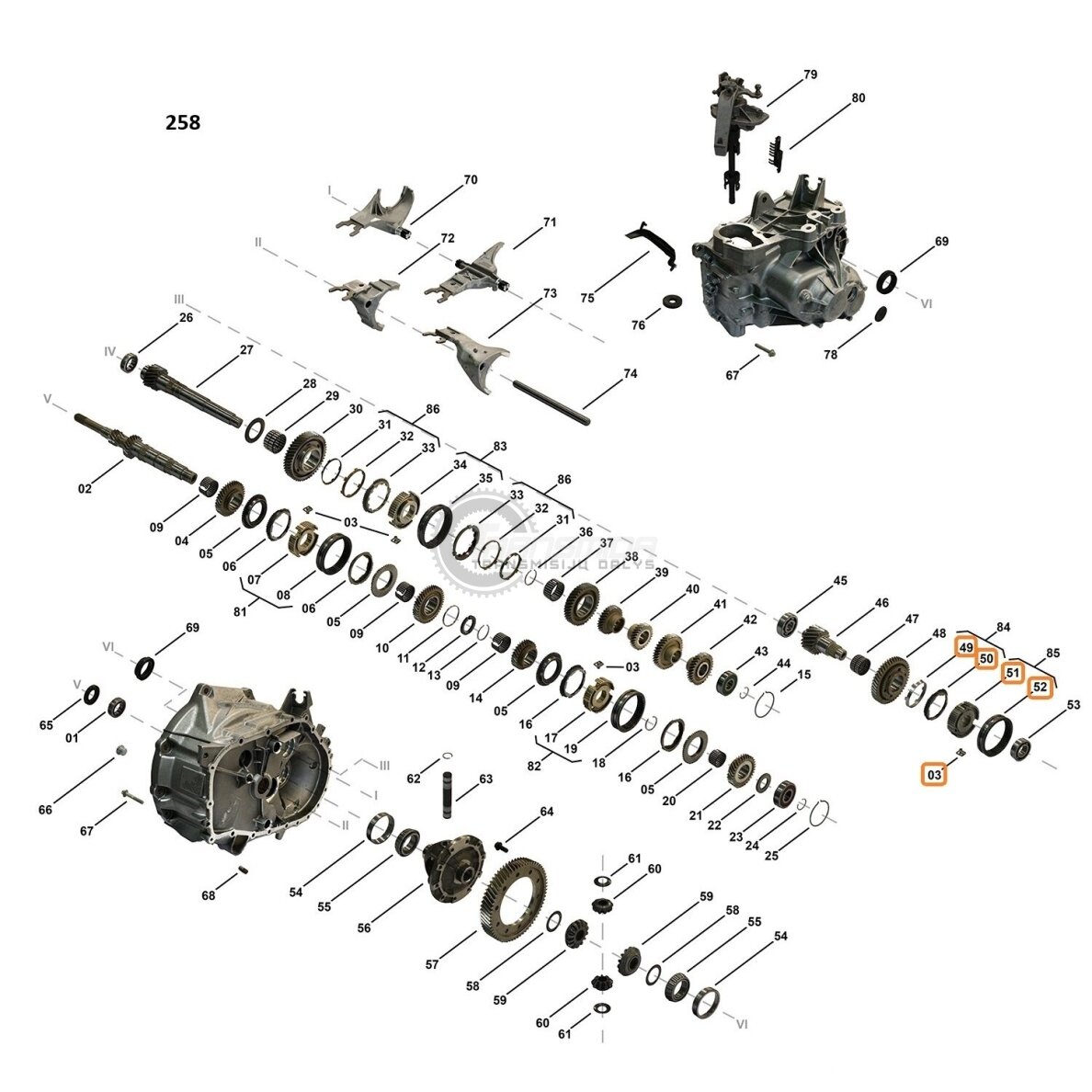 G258, G259, GS6-58BG/DG, GS6-59BG/DG atbulinės pavaros sinchronizatoriaus korpuso mazgas 3 G258, G259, GS6-58BG/DG, GS6-59BG/DG atbulinės pavaros sinchronizatoriaus korpuso mazgas 3